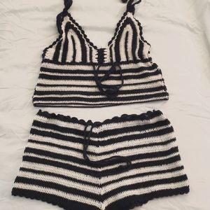 Two piece black and white crochet short set